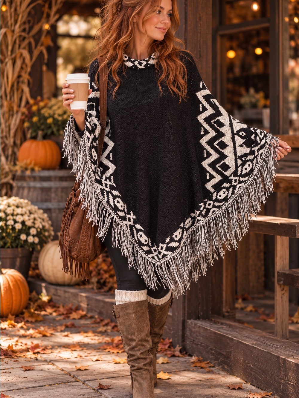 Black & White Southwestern Fringe Poncho – Oversized Boho Cozy Knit